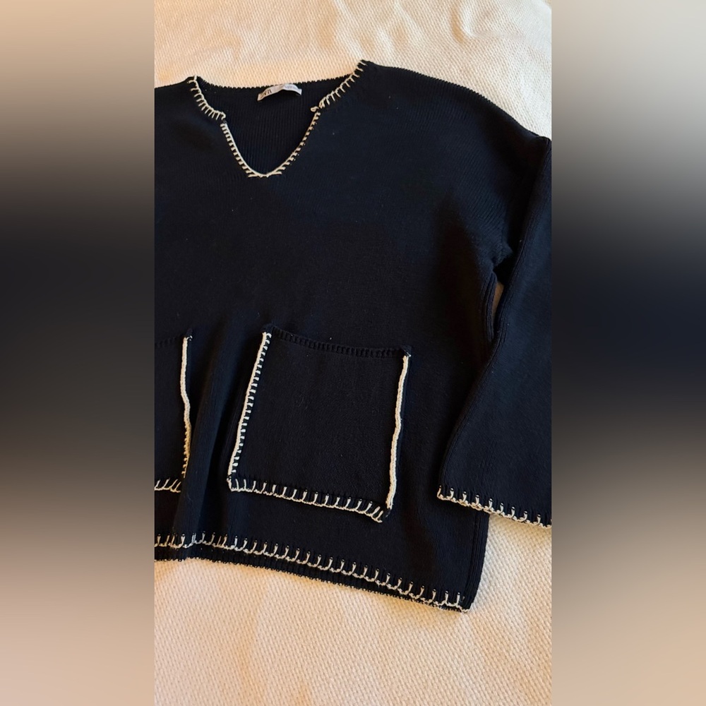 ZARA Woven Heavy Sweater Navy Knit Top w White Stitching Front Pockets V-neck - Picture 7 of 15